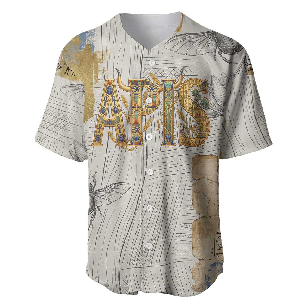 Apis Ancient Egyptian Baseball Jersey with Beige-Gray Hieroglyphic, Ornate Bull Head, and Gold-Blue Typography - Wonder Print Shop