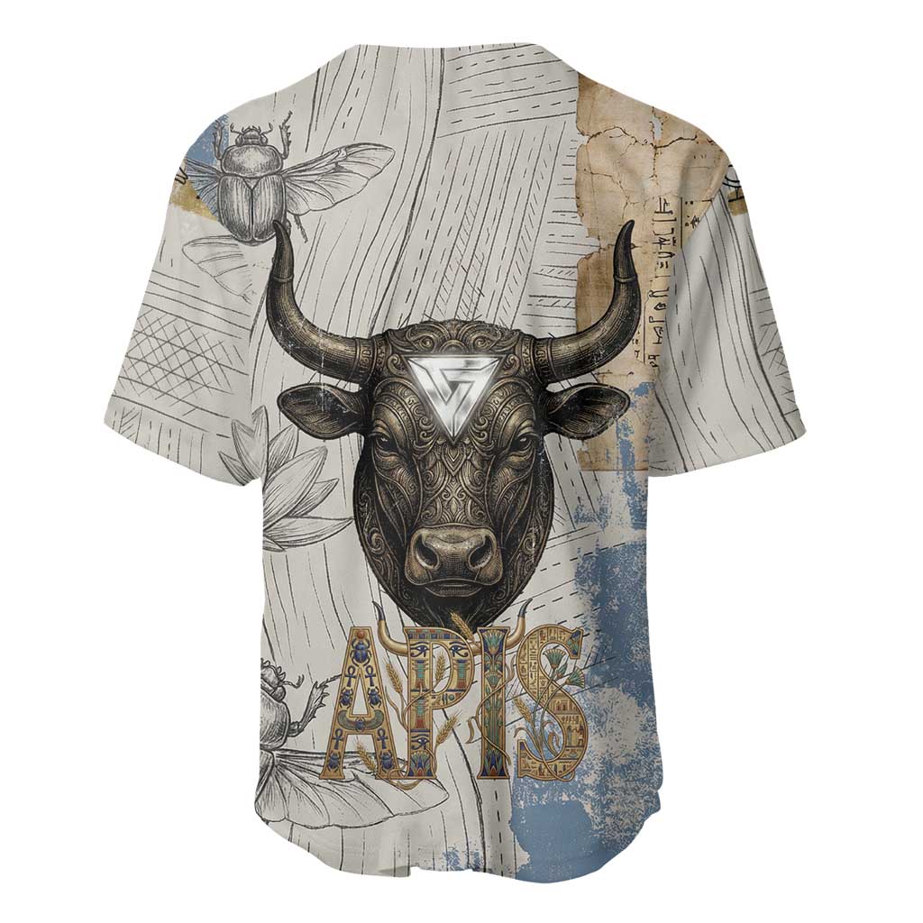 Apis Ancient Egyptian Baseball Jersey with Beige-Gray Hieroglyphic, Ornate Bull Head, and Gold-Blue Typography - Wonder Print Shop