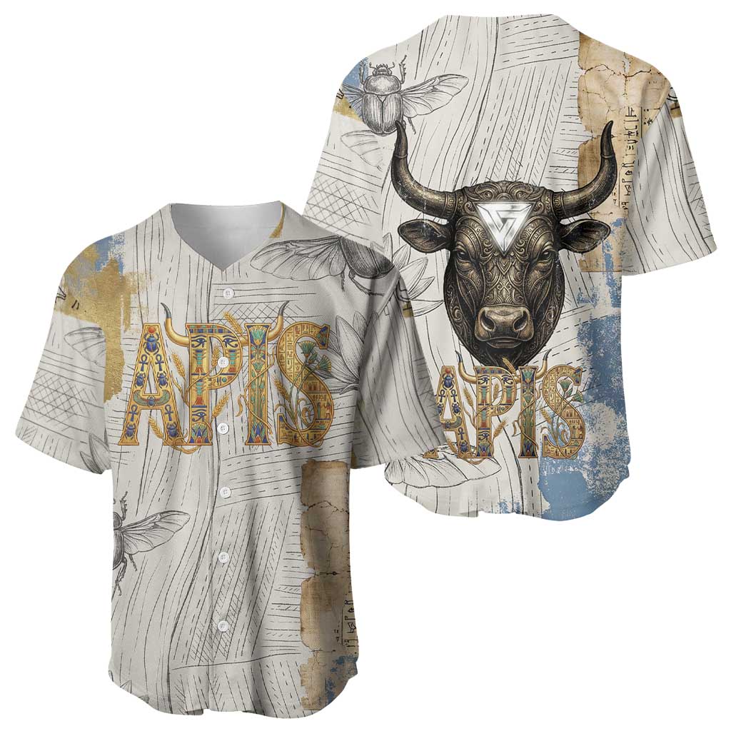 Apis Ancient Egyptian Baseball Jersey with Beige-Gray Hieroglyphic, Ornate Bull Head, and Gold-Blue Typography - Wonder Print Shop