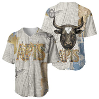 Apis Ancient Egyptian Baseball Jersey with Beige-Gray Hieroglyphic, Ornate Bull Head, and Gold-Blue Typography - Wonder Print Shop