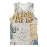 Apis Ancient Egyptian Basketball Jersey with Beige-Gray Hieroglyphic, Ornate Bull Head, and Gold-Blue Typography - Wonder Print Shop