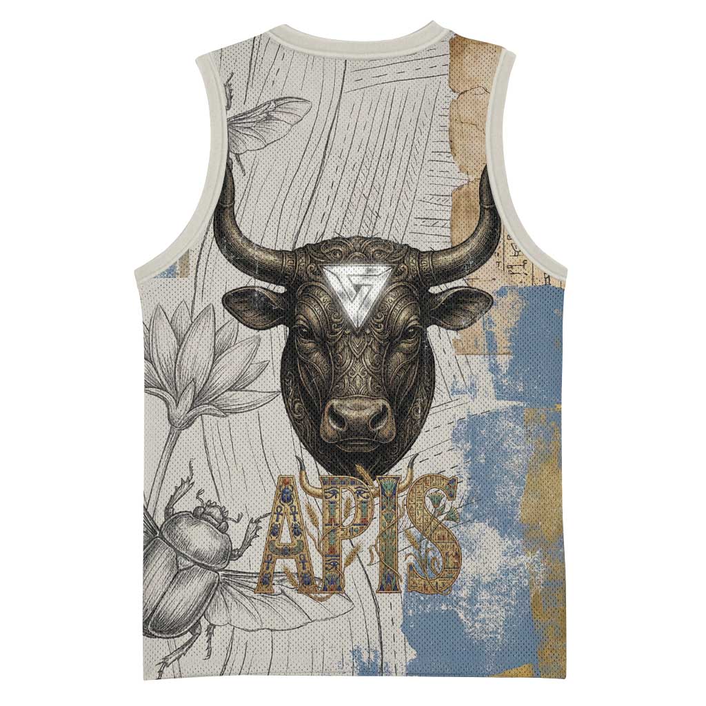Apis Ancient Egyptian Basketball Jersey with Beige-Gray Hieroglyphic, Ornate Bull Head, and Gold-Blue Typography - Wonder Print Shop