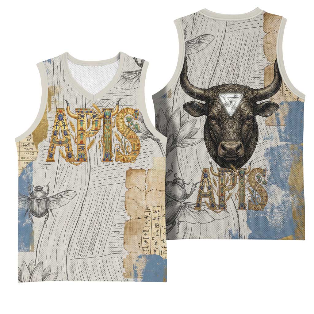 Apis Ancient Egyptian Basketball Jersey with Beige-Gray Hieroglyphic, Ornate Bull Head, and Gold-Blue Typography - Wonder Print Shop