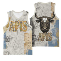 Apis Ancient Egyptian Basketball Jersey with Beige-Gray Hieroglyphic, Ornate Bull Head, and Gold-Blue Typography - Wonder Print Shop