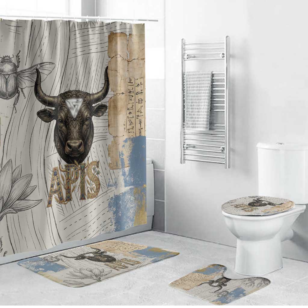 Apis Ancient Egyptian Bathroom Set with Beige-Gray Hieroglyphic, Ornate Bull Head, and Gold-Blue Typography - Wonder Print Shop