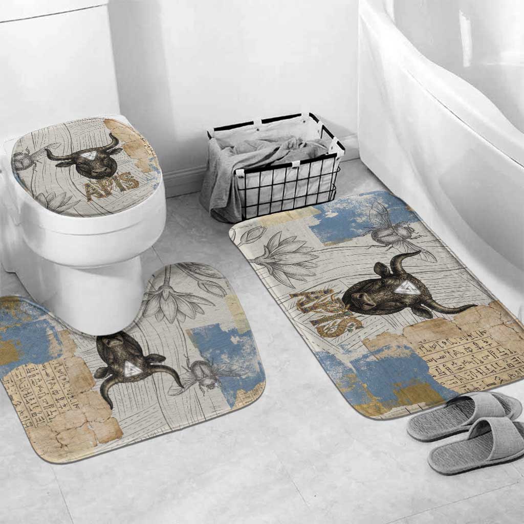 Apis Ancient Egyptian Bathroom Set with Beige-Gray Hieroglyphic, Ornate Bull Head, and Gold-Blue Typography - Wonder Print Shop