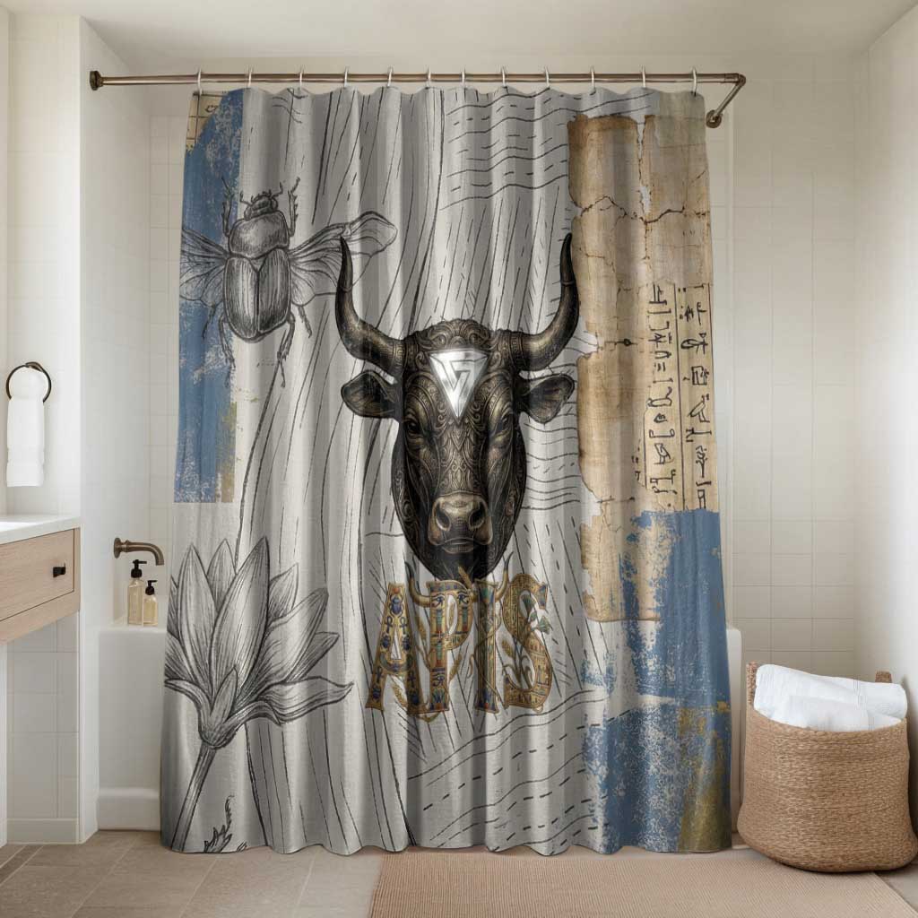 Apis Ancient Egyptian Bathroom Set with Beige-Gray Hieroglyphic, Ornate Bull Head, and Gold-Blue Typography - Wonder Print Shop