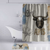 Apis Ancient Egyptian Bathroom Set with Beige-Gray Hieroglyphic, Ornate Bull Head, and Gold-Blue Typography - Wonder Print Shop