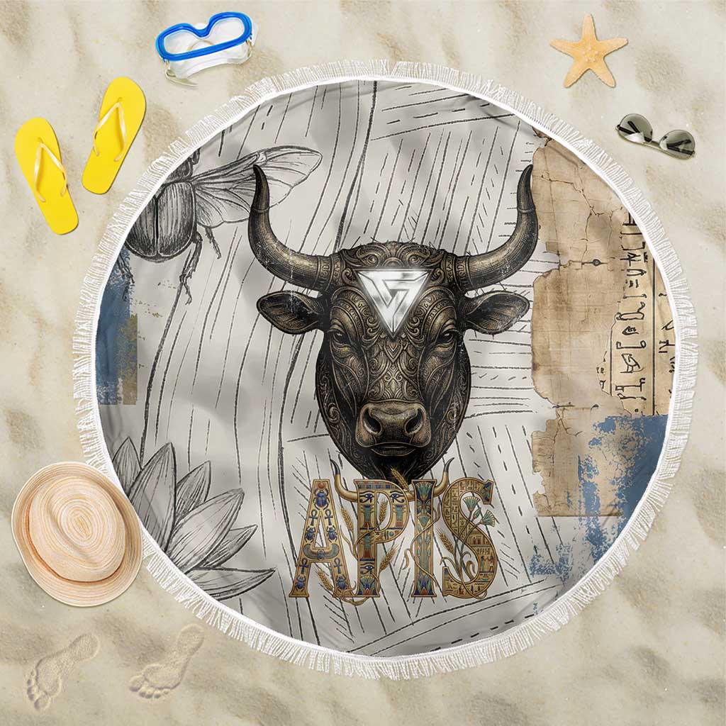 Apis Ancient Egyptian Beach Blanket with Beige-Gray Hieroglyphic, Ornate Bull Head, and Gold-Blue Typography - Wonder Print Shop