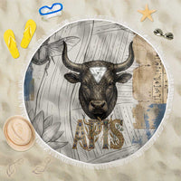 Apis Ancient Egyptian Beach Blanket with Beige-Gray Hieroglyphic, Ornate Bull Head, and Gold-Blue Typography - Wonder Print Shop