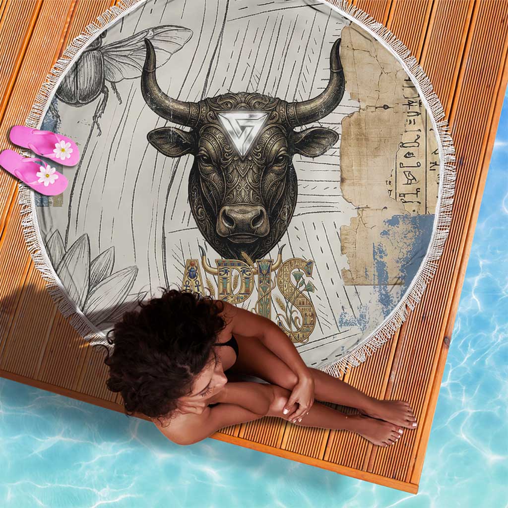 Apis Ancient Egyptian Beach Blanket with Beige-Gray Hieroglyphic, Ornate Bull Head, and Gold-Blue Typography - Wonder Print Shop
