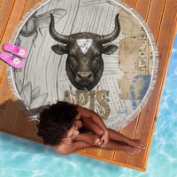 Apis Ancient Egyptian Beach Blanket with Beige-Gray Hieroglyphic, Ornate Bull Head, and Gold-Blue Typography - Wonder Print Shop