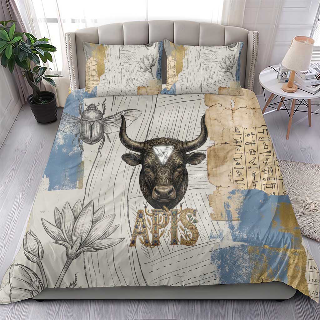 Apis Ancient Egyptian Bedding Set with Beige-Gray Hieroglyphic, Ornate Bull Head, and Gold-Blue Typography - Wonder Print Shop