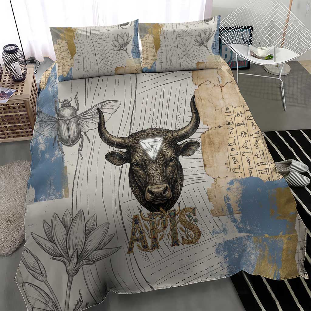 Apis Ancient Egyptian Bedding Set with Beige-Gray Hieroglyphic, Ornate Bull Head, and Gold-Blue Typography - Wonder Print Shop