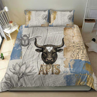 Apis Ancient Egyptian Bedding Set with Beige-Gray Hieroglyphic, Ornate Bull Head, and Gold-Blue Typography - Wonder Print Shop