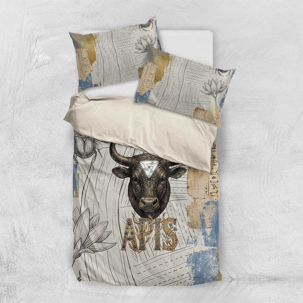 Apis Ancient Egyptian Bedding Set with Beige-Gray Hieroglyphic, Ornate Bull Head, and Gold-Blue Typography - Wonder Print Shop