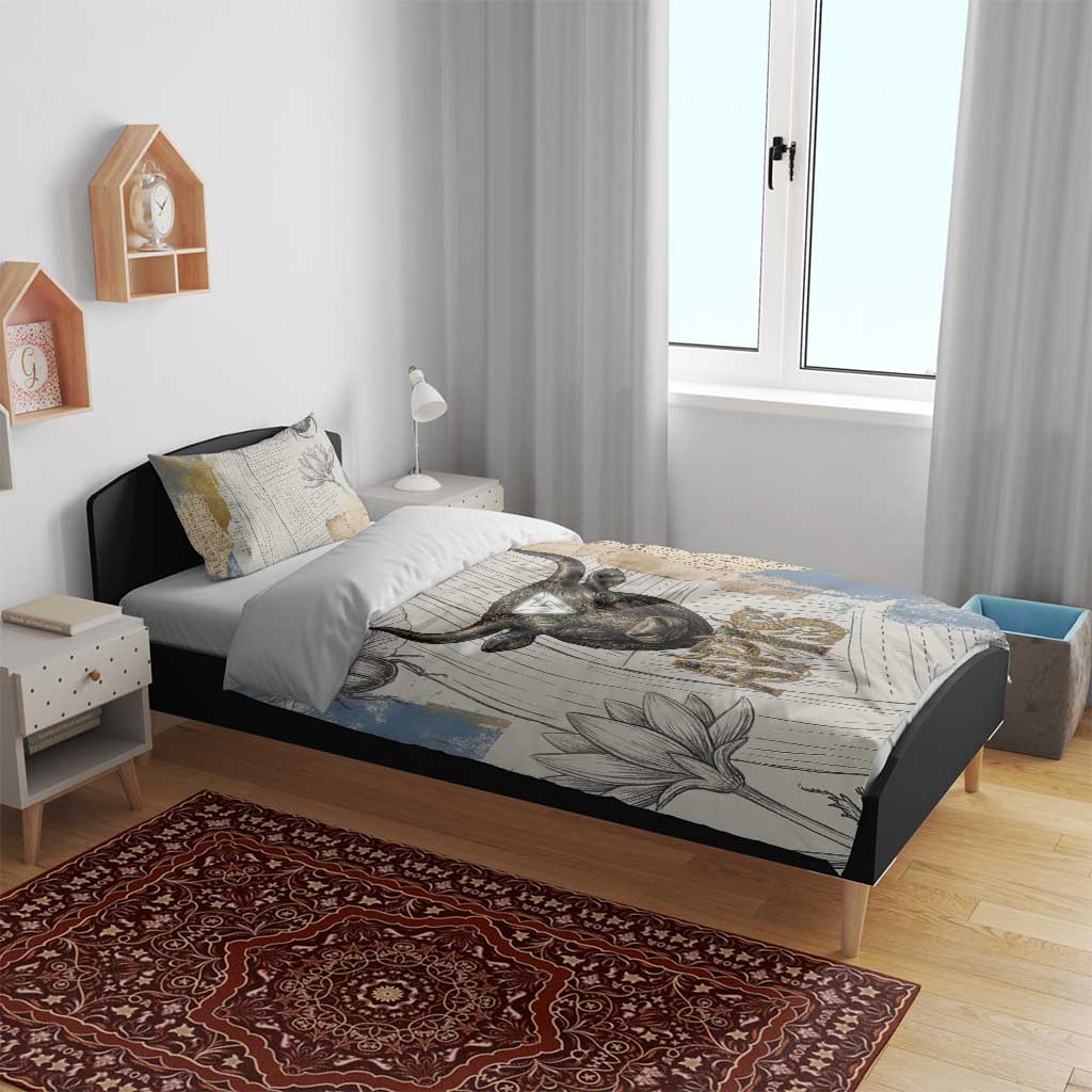Apis Ancient Egyptian Bedding Set with Beige-Gray Hieroglyphic, Ornate Bull Head, and Gold-Blue Typography - Wonder Print Shop