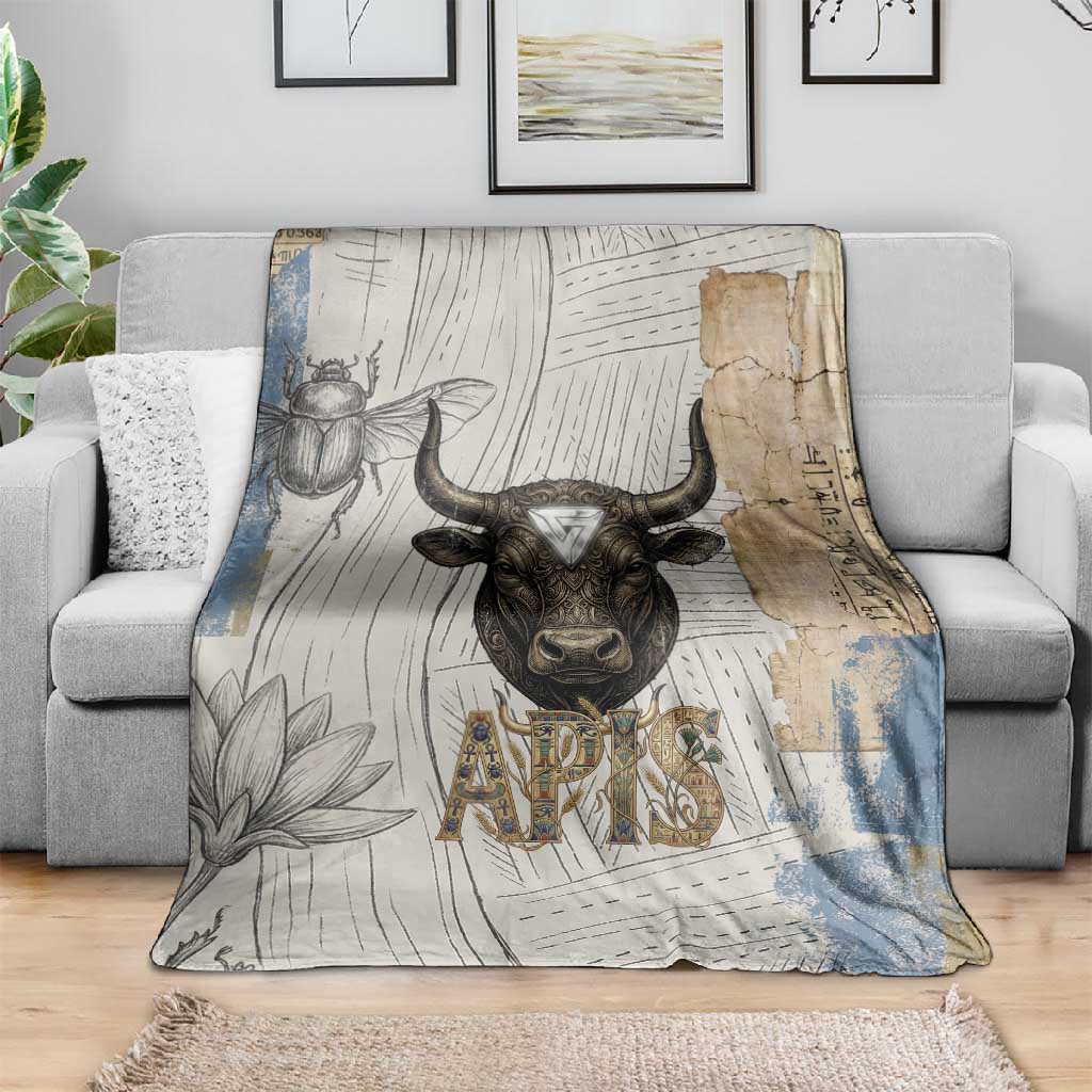 Apis Ancient Egyptian Blanket with Beige-Gray Hieroglyphic, Ornate Bull Head, and Gold-Blue Typography - Wonder Print Shop