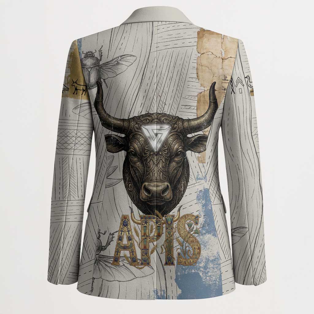 Apis Ancient Egyptian Blazer with Beige-Gray Hieroglyphic, Ornate Bull Head, and Gold-Blue Typography - Wonder Print Shop