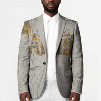Apis Ancient Egyptian Blazer with Beige-Gray Hieroglyphic, Ornate Bull Head, and Gold-Blue Typography - Wonder Print Shop