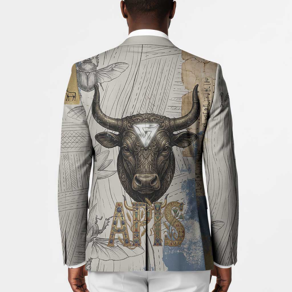 Apis Ancient Egyptian Blazer with Beige-Gray Hieroglyphic, Ornate Bull Head, and Gold-Blue Typography - Wonder Print Shop