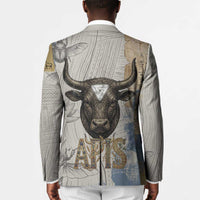Apis Ancient Egyptian Blazer with Beige-Gray Hieroglyphic, Ornate Bull Head, and Gold-Blue Typography - Wonder Print Shop