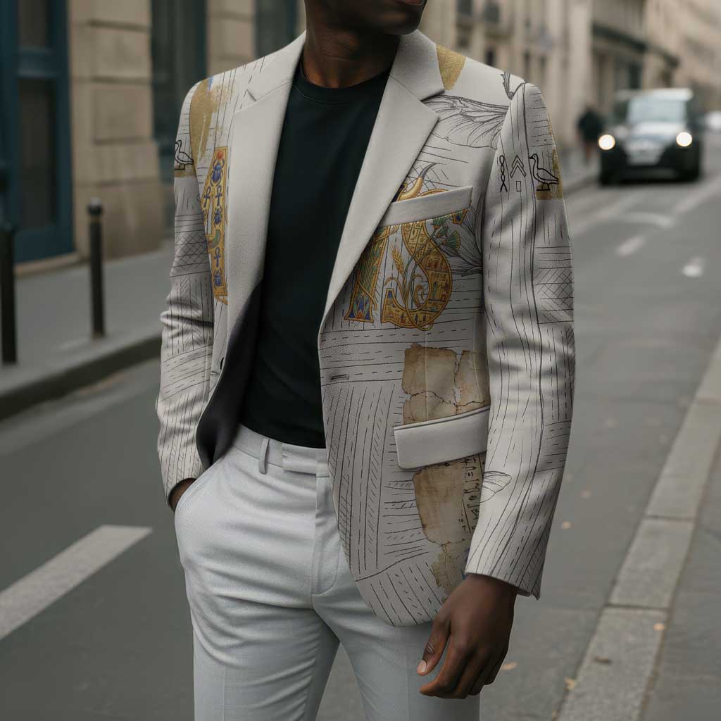 Apis Ancient Egyptian Blazer with Beige-Gray Hieroglyphic, Ornate Bull Head, and Gold-Blue Typography - Wonder Print Shop