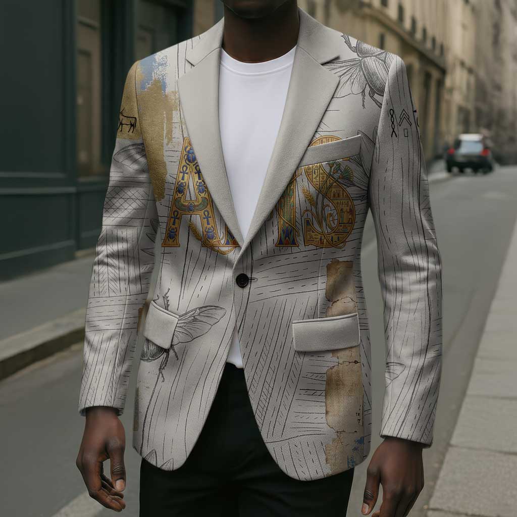 Apis Ancient Egyptian Blazer with Beige-Gray Hieroglyphic, Ornate Bull Head, and Gold-Blue Typography - Wonder Print Shop