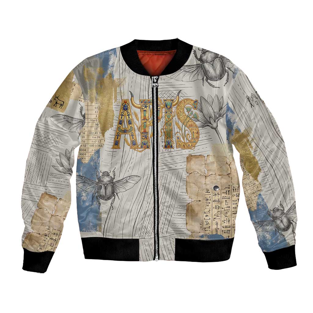 Apis Ancient Egyptian Bomber Jacket with Beige-Gray Hieroglyphic, Ornate Bull Head, and Gold-Blue Typography - Wonder Print Shop