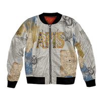 Apis Ancient Egyptian Bomber Jacket with Beige-Gray Hieroglyphic, Ornate Bull Head, and Gold-Blue Typography - Wonder Print Shop