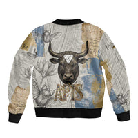 Apis Ancient Egyptian Bomber Jacket with Beige-Gray Hieroglyphic, Ornate Bull Head, and Gold-Blue Typography - Wonder Print Shop