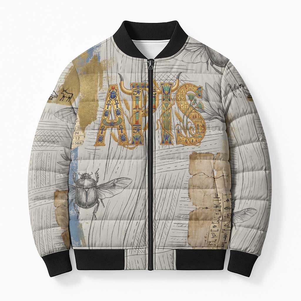 Apis Ancient Egyptian Bomber Puffer Jacket with Beige-Gray Hieroglyphic, Ornate Bull Head, and Gold-Blue Typography - Wonder Print Shop