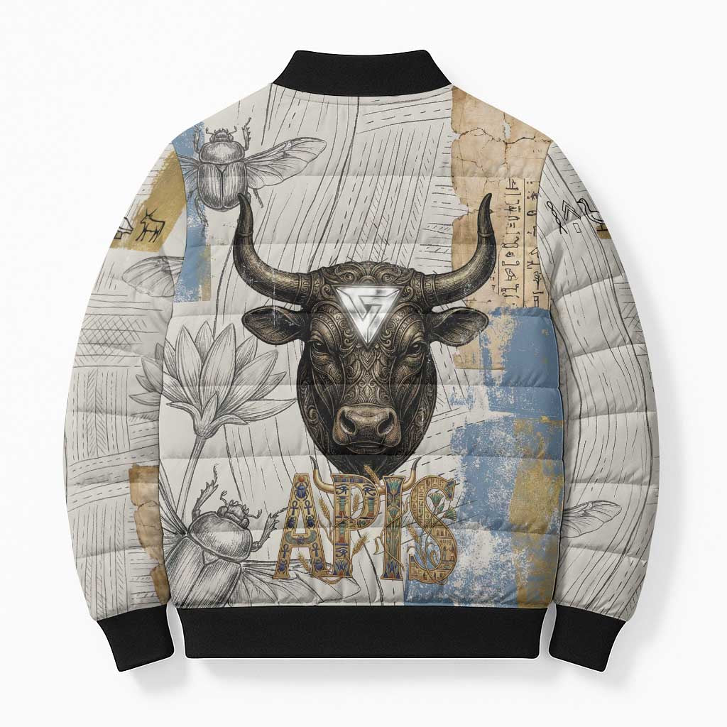 Apis Ancient Egyptian Bomber Puffer Jacket with Beige-Gray Hieroglyphic, Ornate Bull Head, and Gold-Blue Typography - Wonder Print Shop