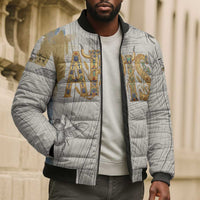 Apis Ancient Egyptian Bomber Puffer Jacket with Beige-Gray Hieroglyphic, Ornate Bull Head, and Gold-Blue Typography - Wonder Print Shop