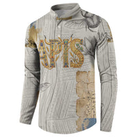 Apis Ancient Egyptian Button Sweatshirt with Beige-Gray Hieroglyphic, Ornate Bull Head, and Gold-Blue Typography