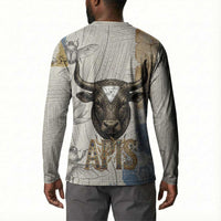 Apis Ancient Egyptian Button Sweatshirt with Beige-Gray Hieroglyphic, Ornate Bull Head, and Gold-Blue Typography
