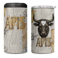 Apis Ancient Egyptian 4 in 1 Can Cooler Tumbler with Beige-Gray Hieroglyphic, Ornate Bull Head, and Gold-Blue Typography - Wonder Print Shop