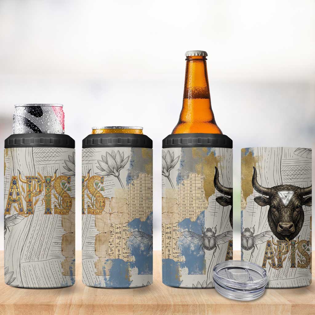 Apis Ancient Egyptian 4 in 1 Can Cooler Tumbler with Beige-Gray Hieroglyphic, Ornate Bull Head, and Gold-Blue Typography - Wonder Print Shop