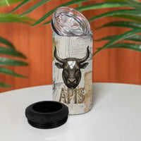 Apis Ancient Egyptian 4 in 1 Can Cooler Tumbler with Beige-Gray Hieroglyphic, Ornate Bull Head, and Gold-Blue Typography - Wonder Print Shop