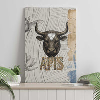 Apis Ancient Egyptian Canvas Wall Art with Beige-Gray Hieroglyphic, Ornate Bull Head, and Gold-Blue Typography - Wonder Print Shop