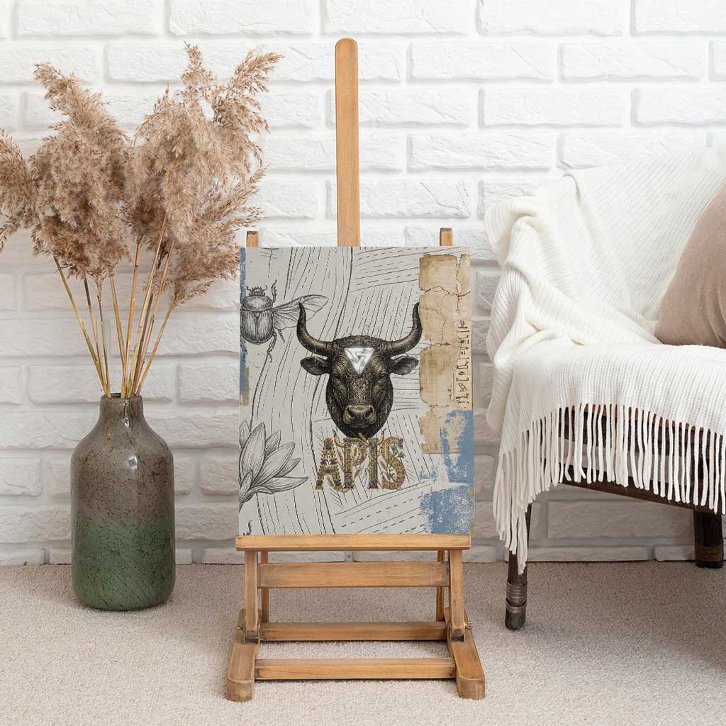 Apis Ancient Egyptian Canvas Wall Art with Beige-Gray Hieroglyphic, Ornate Bull Head, and Gold-Blue Typography - Wonder Print Shop