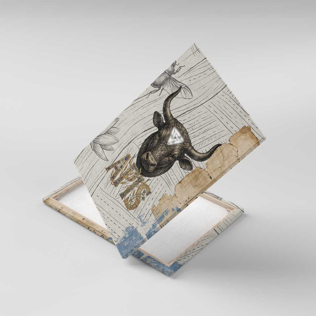 Apis Ancient Egyptian Canvas Wall Art with Beige-Gray Hieroglyphic, Ornate Bull Head, and Gold-Blue Typography - Wonder Print Shop