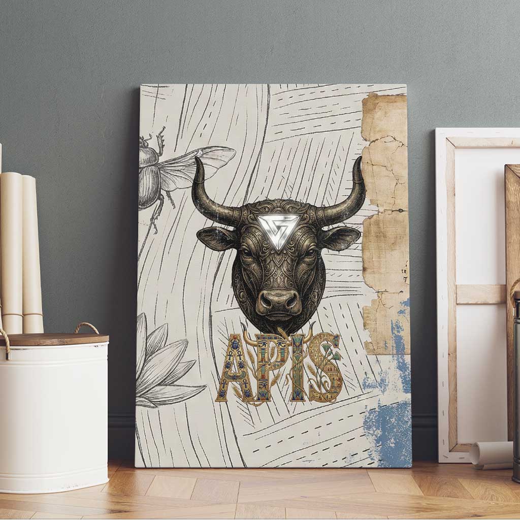 Apis Ancient Egyptian Canvas Wall Art with Beige-Gray Hieroglyphic, Ornate Bull Head, and Gold-Blue Typography - Wonder Print Shop