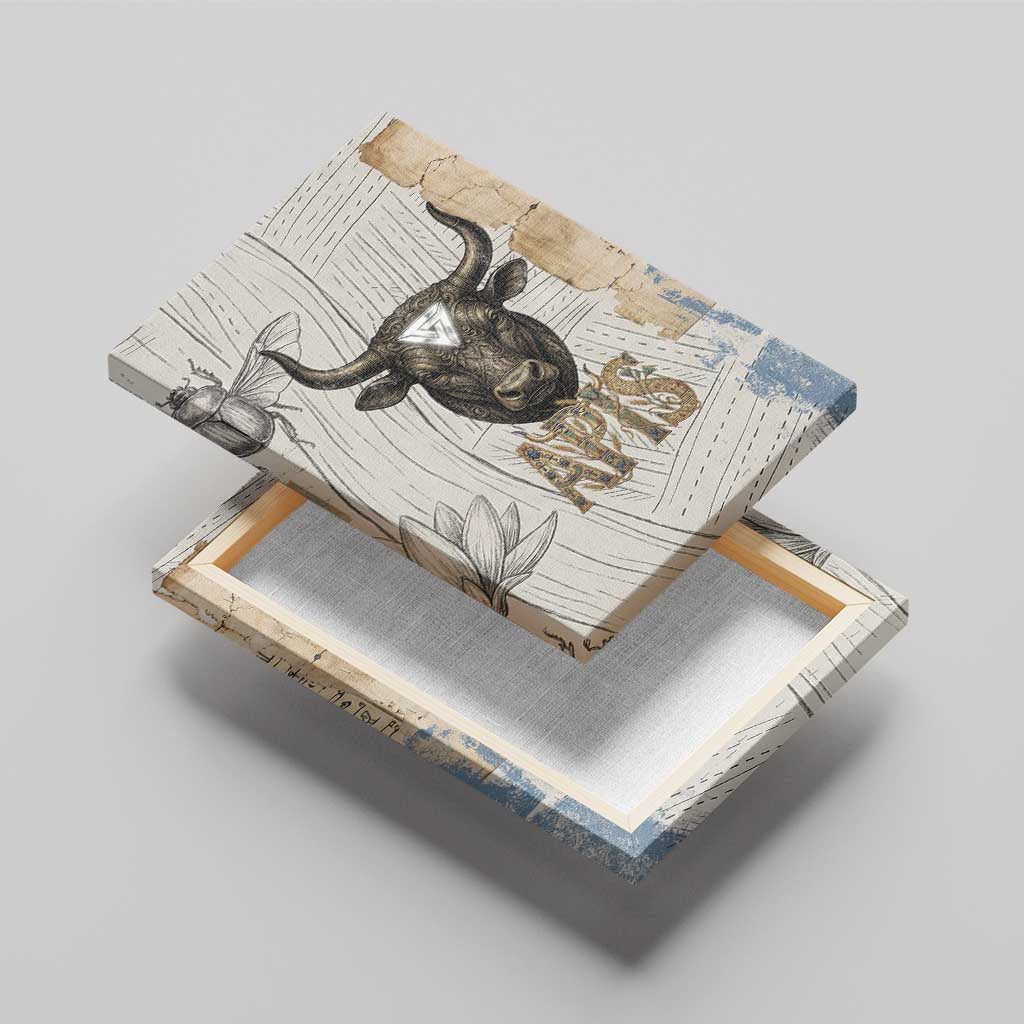 Apis Ancient Egyptian Canvas Wall Art with Beige-Gray Hieroglyphic, Ornate Bull Head, and Gold-Blue Typography - Wonder Print Shop
