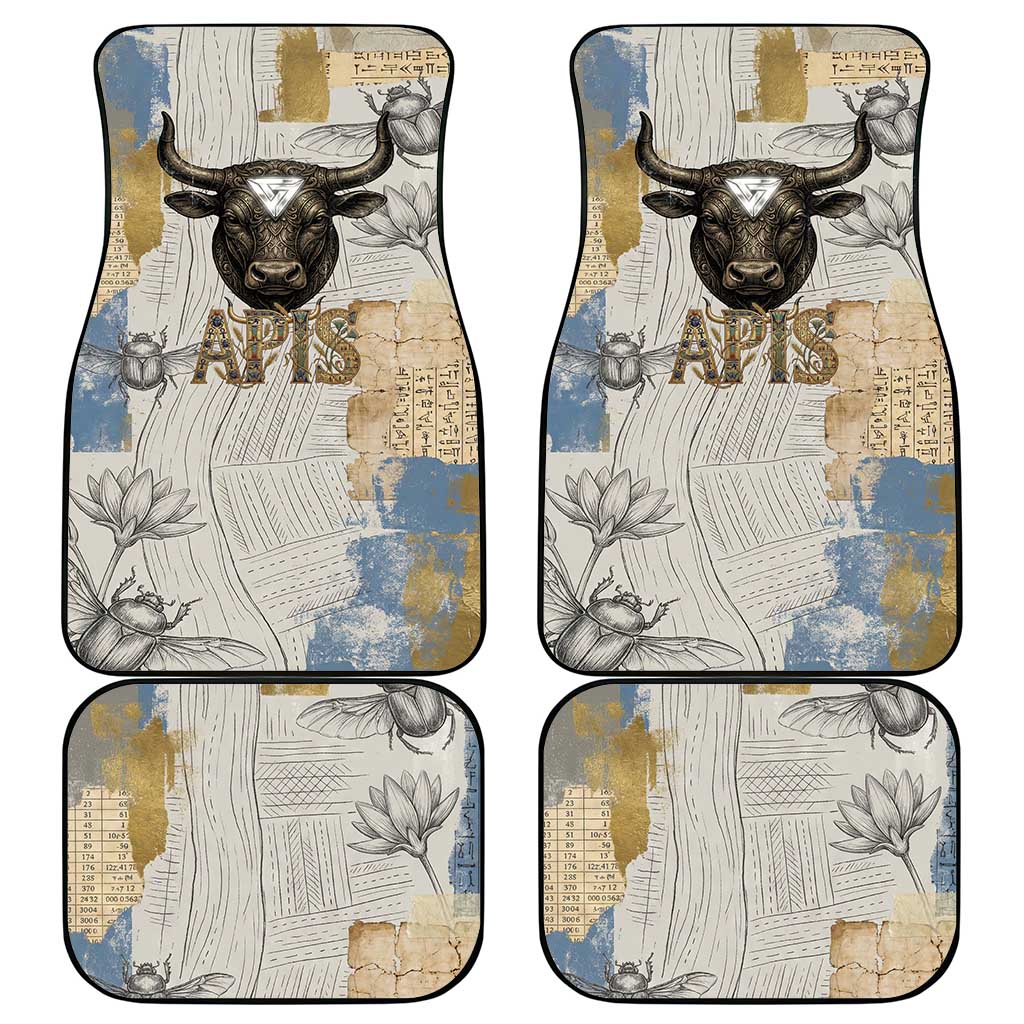 Apis Ancient Egyptian Car Mats with Beige-Gray Hieroglyphic, Ornate Bull Head, and Gold-Blue Typography - Wonder Print Shop