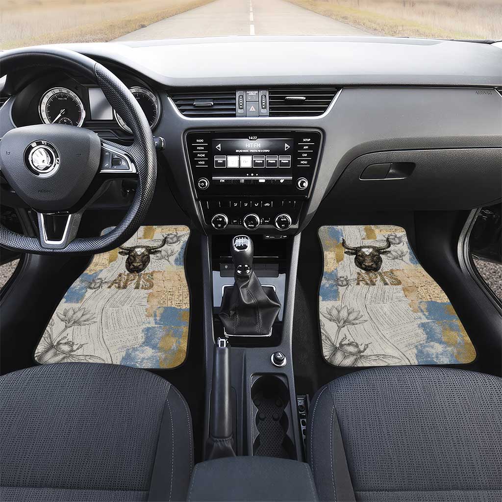 Apis Ancient Egyptian Car Mats with Beige-Gray Hieroglyphic, Ornate Bull Head, and Gold-Blue Typography - Wonder Print Shop