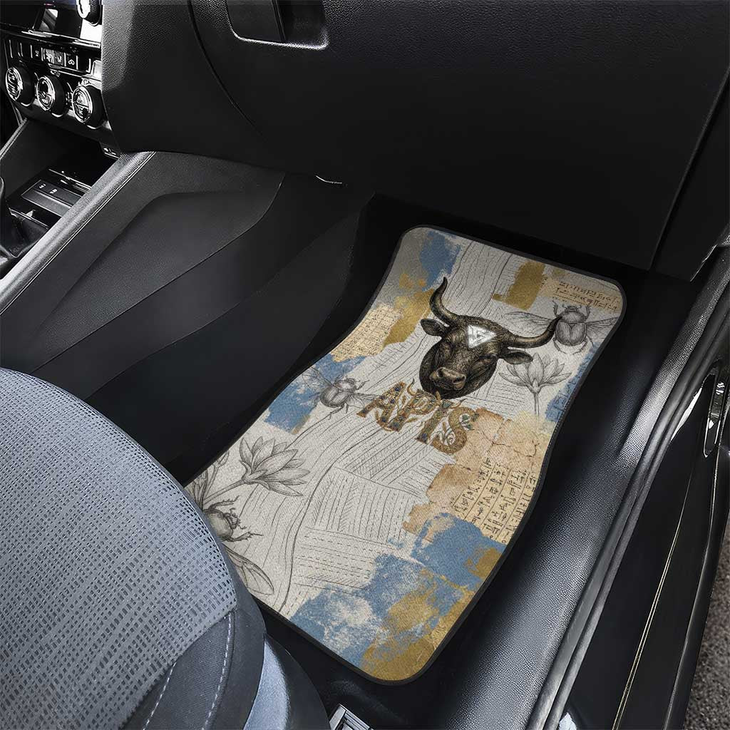 Apis Ancient Egyptian Car Mats with Beige-Gray Hieroglyphic, Ornate Bull Head, and Gold-Blue Typography - Wonder Print Shop