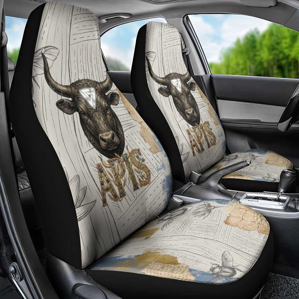 Apis Ancient Egyptian Car Seat Cover with Beige-Gray Hieroglyphic, Ornate Bull Head, and Gold-Blue Typography - Wonder Print Shop