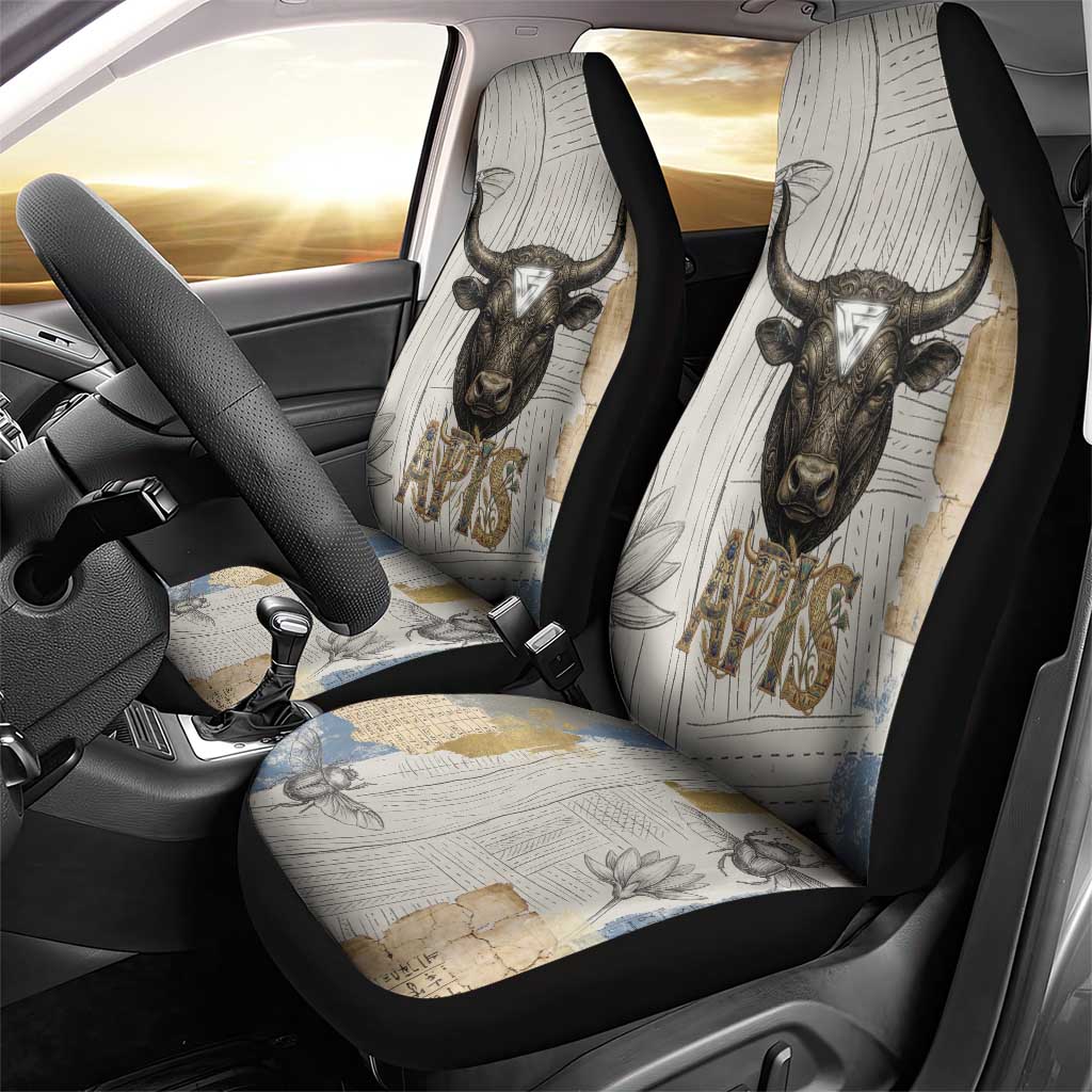 Apis Ancient Egyptian Car Seat Cover with Beige-Gray Hieroglyphic, Ornate Bull Head, and Gold-Blue Typography - Wonder Print Shop