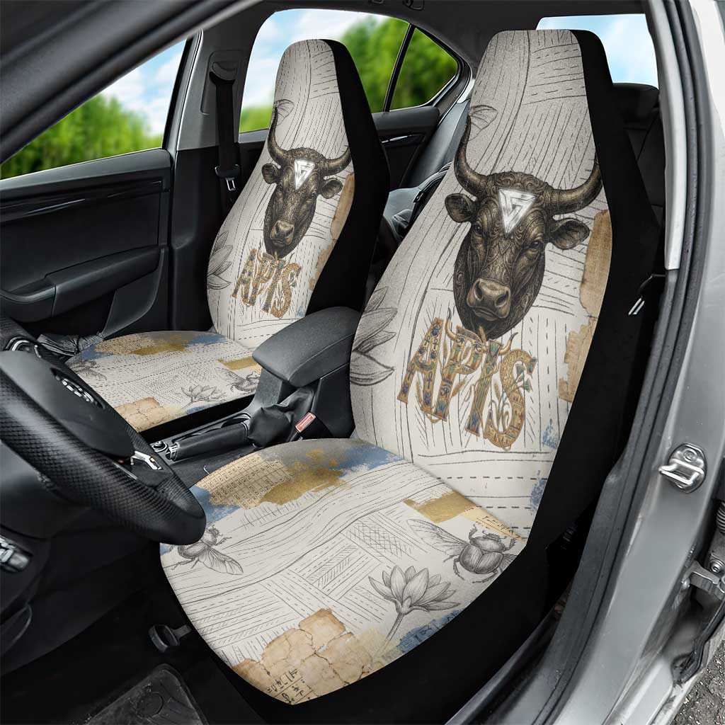 Apis Ancient Egyptian Car Seat Cover with Beige-Gray Hieroglyphic, Ornate Bull Head, and Gold-Blue Typography - Wonder Print Shop